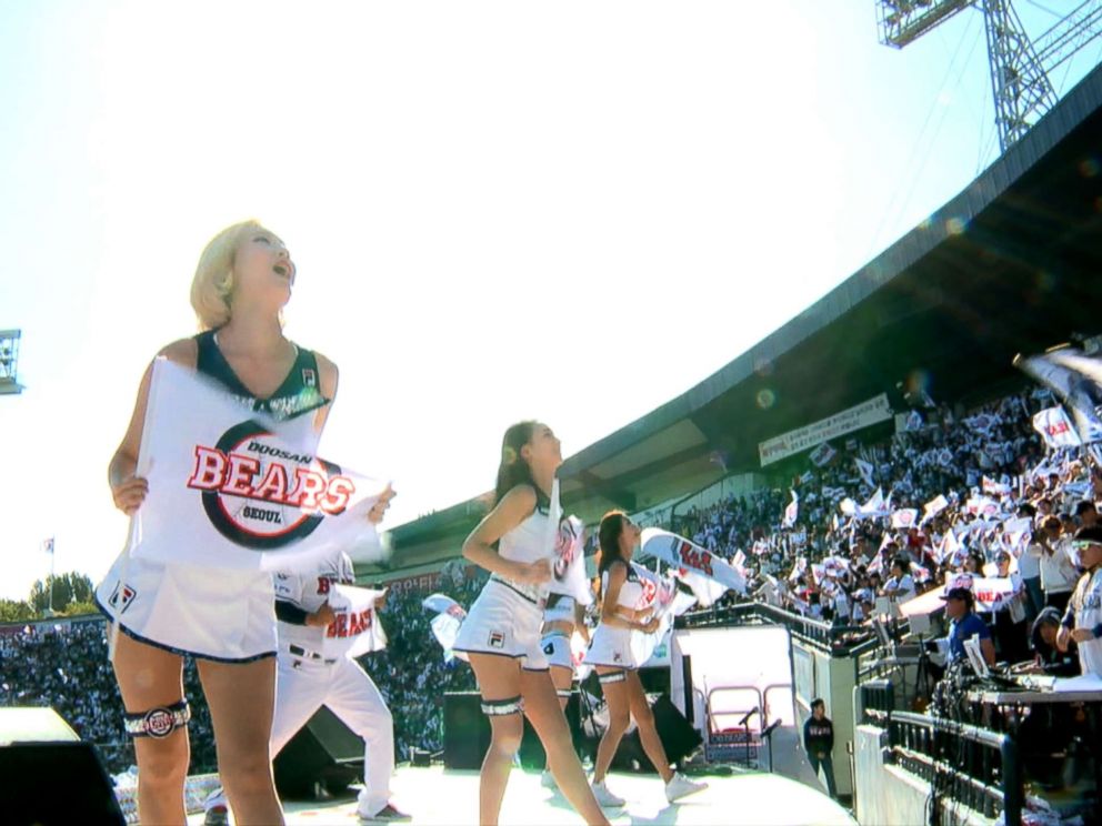 PHOTO: Cheerleaders encourage the crowd at a baseball game in Seoul, South Korea.