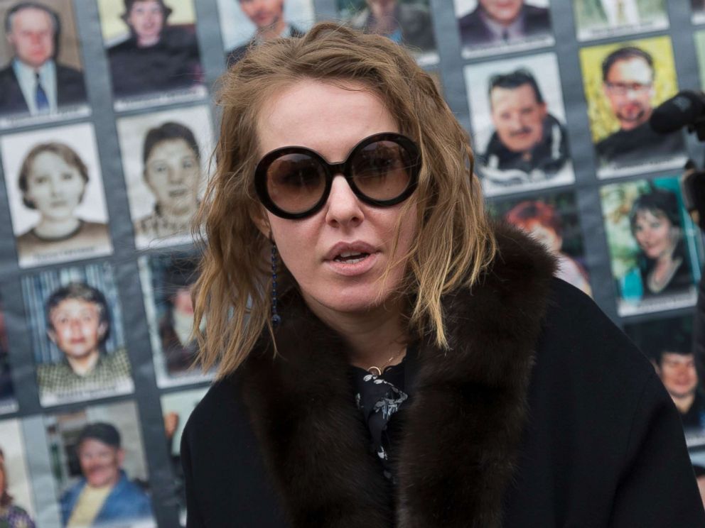 PHOTO: Ksenia Sobchak speaks to journalists after attending a ceremony marking the 15th anniversary of the 2002 Chechen gunmen attack on a Moscow Theatre, in Moscow, Russia, Oct. 26, 2017.