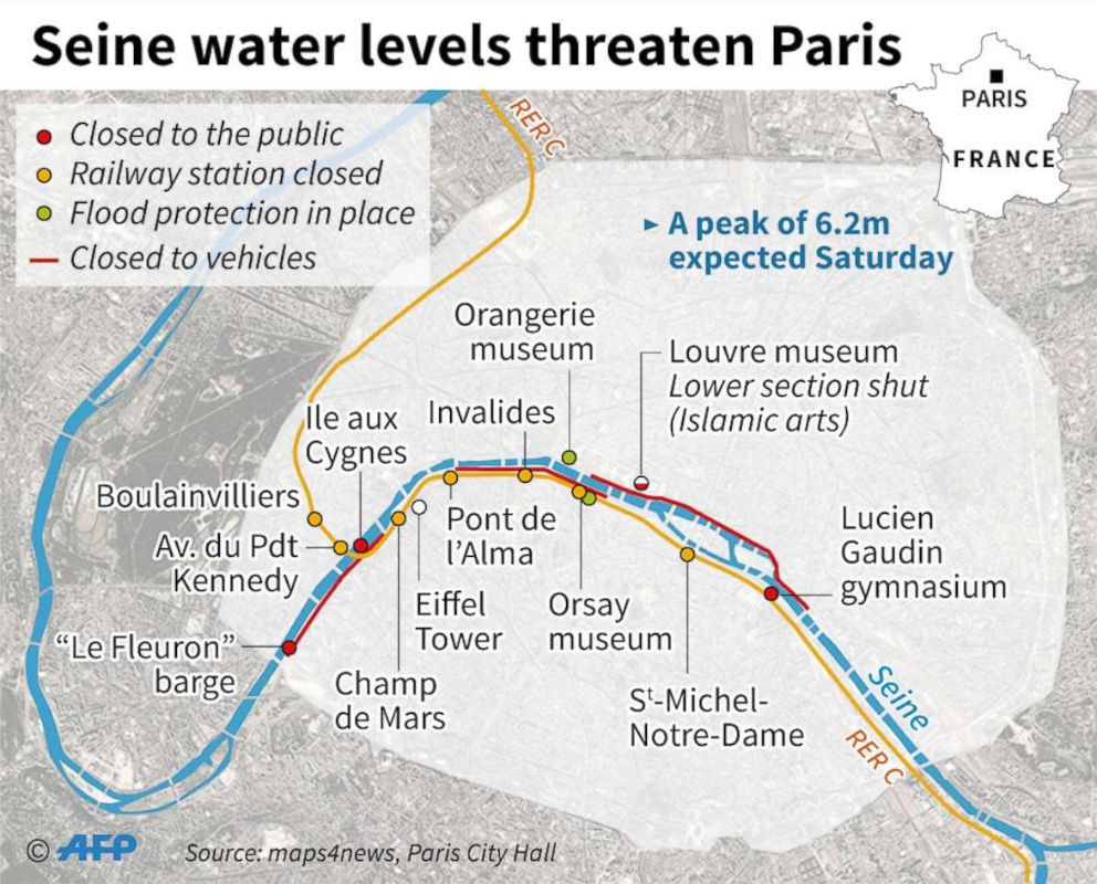 Map shows areas of Paris affected by flooding