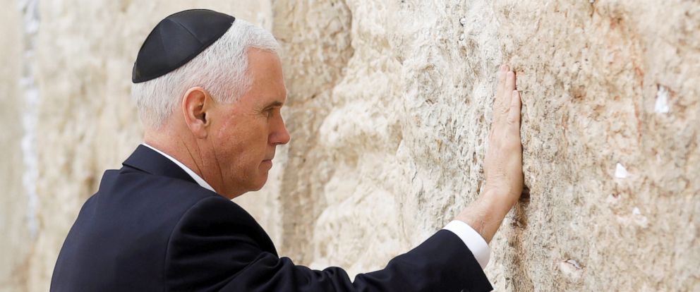PHOTO: Vice President Mike Pence touches the Western Wall in Jerusalems Old City, Jan. 23, 2018.