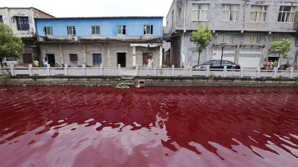 PHOTO: The water in a river in Xinmeizhou village in eastern Chinas Zhejiang province turned red overnight, baffling locals, July 25, 2014. 