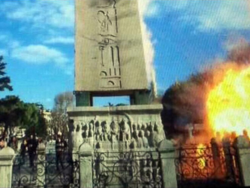PHOTO: An image taken from bystander video purports to show an explosion near the Roman obelisk in Istanbuls Sultanahmet district that killed 10 people on Jan. 12, 2016.
