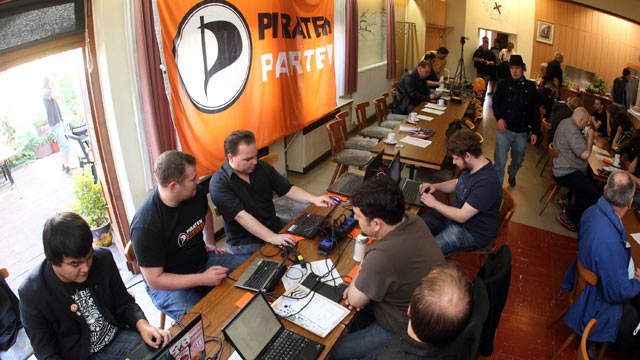 PHOTO: Delegates of the Pirate Party sit in front of their computers at the third state party meeting in Anderbach, Germany, Oct. 2, 2011.