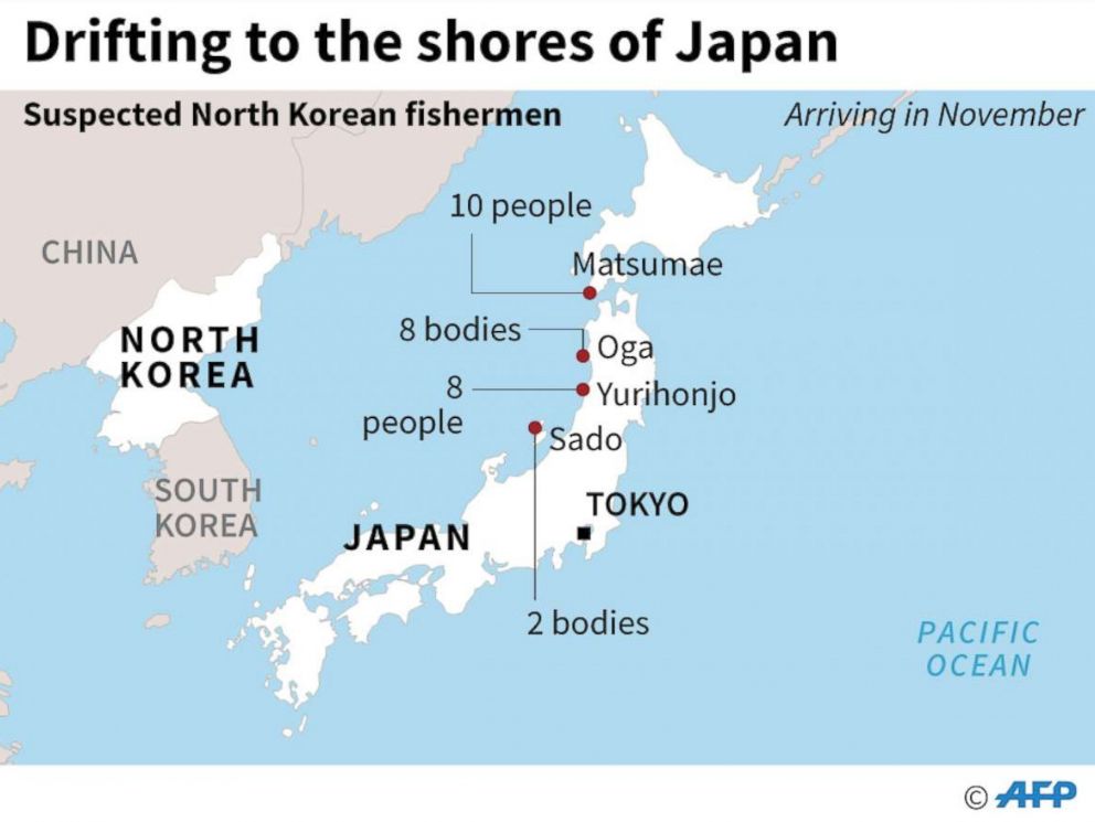 PHOTO: Map showing where North Korean sailors and deceased suspected North Koreans have drifted to Japan in November 2017.