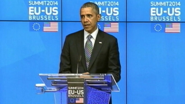 The president seeks to solidify European support against Russias annexation of Crimea.