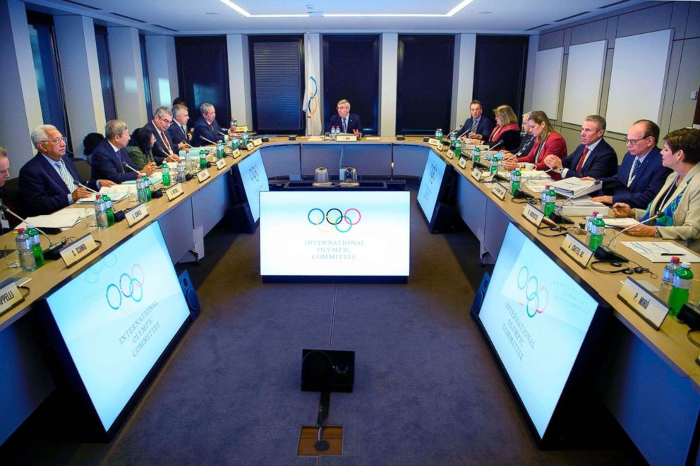 PHOTO: International Olympic Committee (IOC) executive board members on the first day of the executive board meeting of the International Olympic Committee (IOC) at the IOC headquarters, in Pully near Lausanne, Dec. 5, 2017.