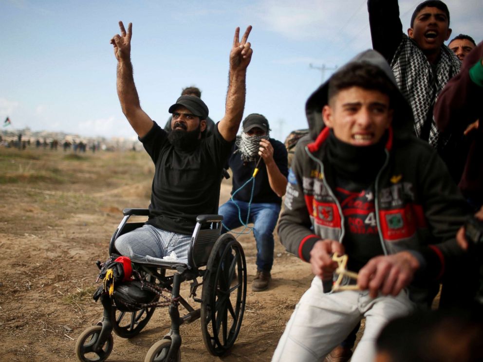 PHOTO: Wheelchair-bound Palestinian Ibraheem Abu Thuraya, who was later killed during the clash, protests against President Donald Trumps decision to recognize Jerusalem as the capital of Israel, near the east of Gaza City Dec. 15, 2017. 