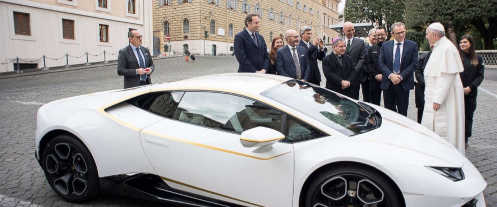 PHOTO: The Vatican released this photo on Nov. 15, 2017, by the Vatican press office, Osservatore Romano, showing Pope Francis receiving a Lamborghini Huracan as a gift from the Italian car company, with Lambhorgini CEO Stefano Domenicali.