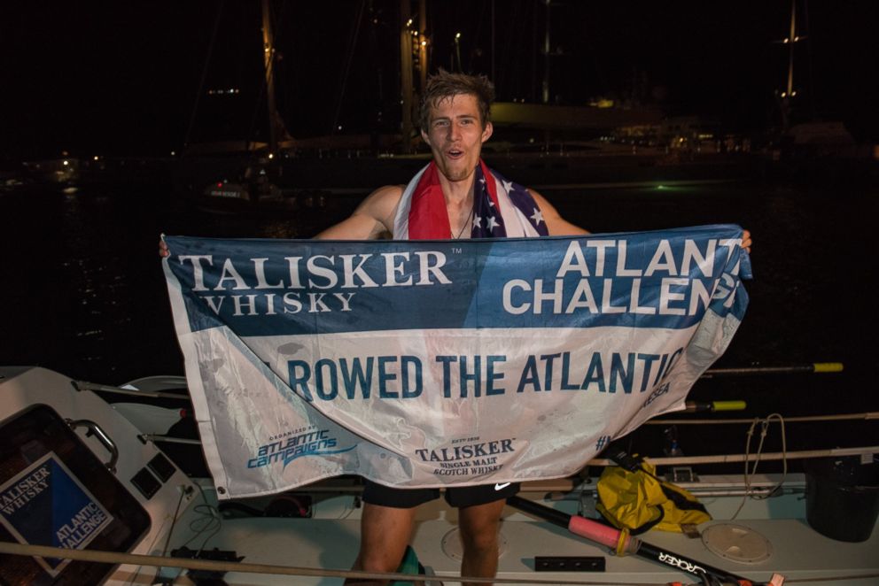 PHOTO: New Jersey native Oliver Crane, 19, celebrated becoming the youngest person to row solo across the Atlantic Ocean, on the Caribbean island of Antigua, on Jan. 28, 2018.