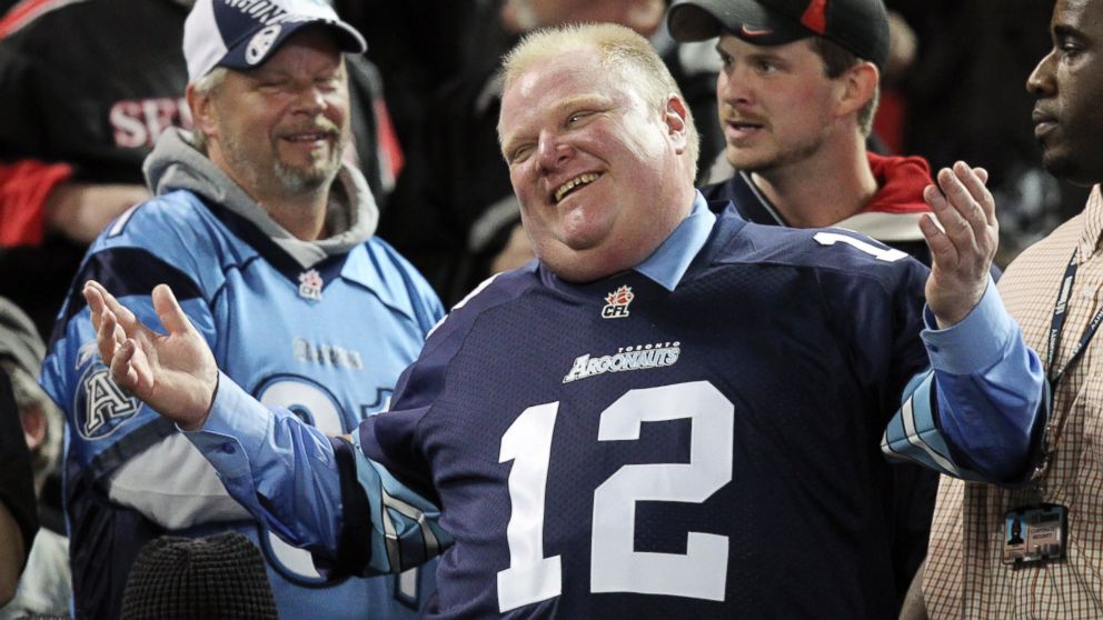 PHOTO: Toronto Mayor Rob Ford watches the CFL eastern final football game between the Toronto Argonauts and the Hamilton Tiger Cats in Toronto, Nov. 17, 2013.