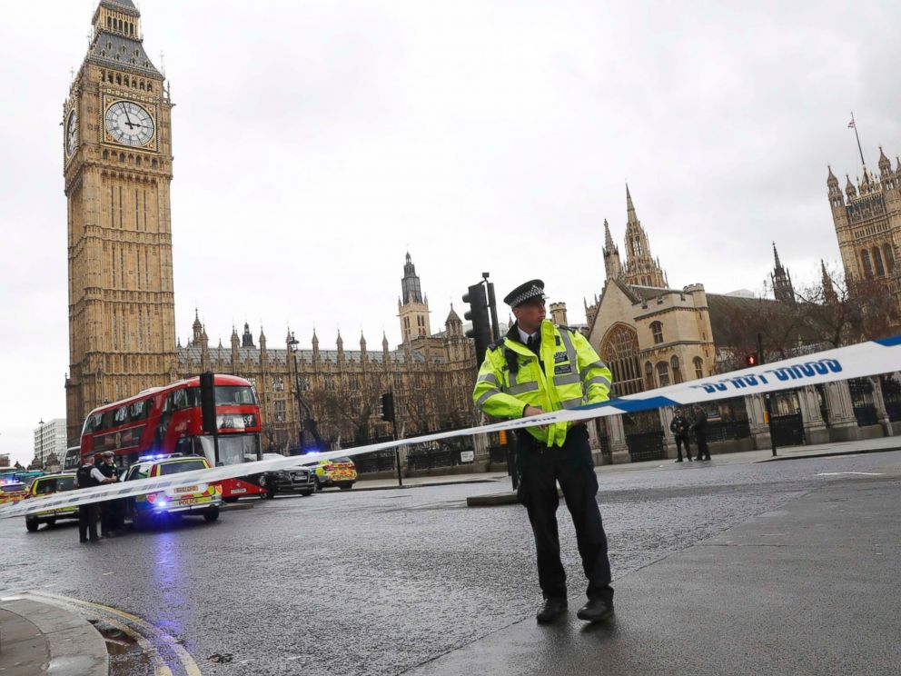 PHOTO: A police officer tapes off Parliament Square after reports of loud bangs, in London, Britain, March 22, 2017.