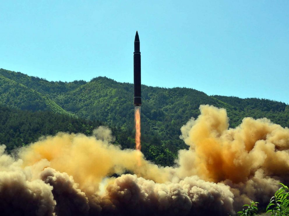 PHOTO: This picture taken on July 4, 2017 and released by North Koreas official Korean Central News Agency (KCNA) on July 5, 2017 shows the successful test-fire of the intercontinental ballistic missile Hwasong-14 at an undisclosed location.
