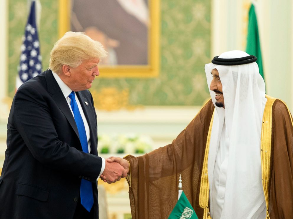 PHOTO: This file handout picture provided by the Saudi Royal Palace on May 20, 2017, shows President Donald Trump and Saudi Arabias King Salman bin Abdulaziz al-Saud shaking hands at the Saudi Royal Court in Riyadh, Saudia Arabia.
