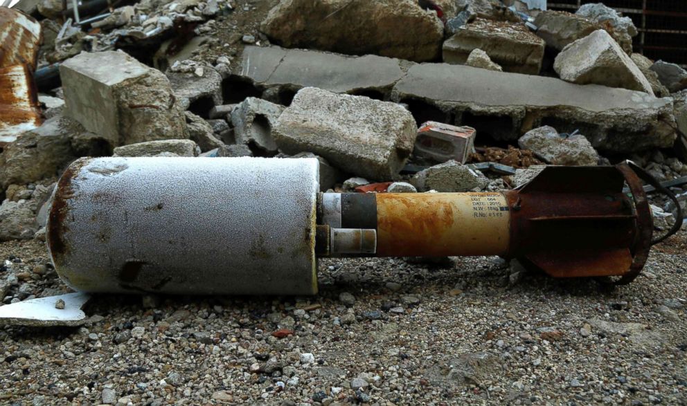 PHOTO: A photo shows an empty rocket reportedly fired by regime forces on the rebel-held besieged town of Douma on the outskirts of the capital, Damascus, on Jan. 22, 2018. 