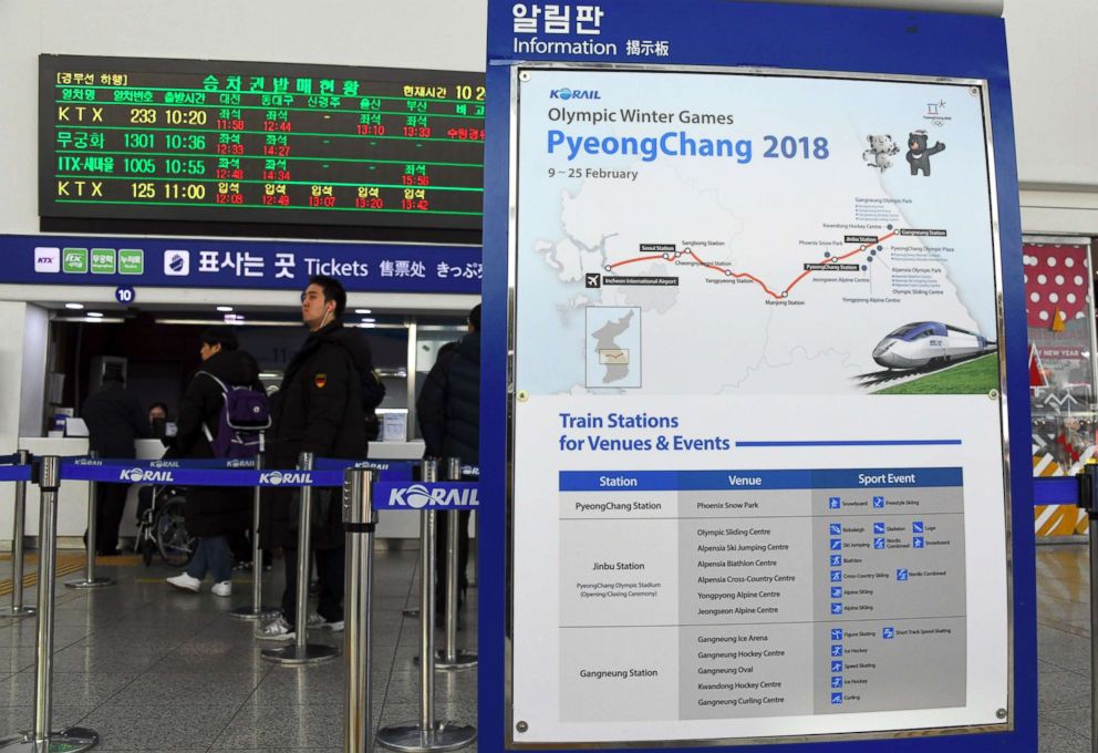 PHOTO:A billboard showing information on a new high-speed train line for the 2018 PyeongChang Winter Olympic Games, at Seoul station in Seoul on December 22, 2017. The train will cut travel time significantly.