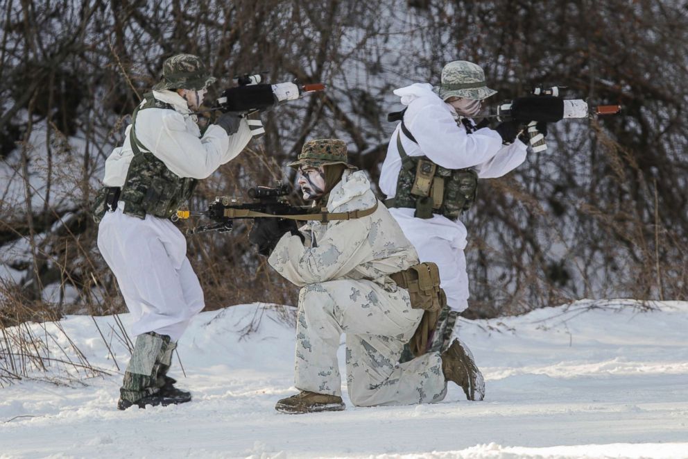PHOTO: US and South Korean Marines take part in a joint exercise in Pyeongchang, Gangwon, South Korea, Dec. 19, 2017 as part of the security measures surrounding the Winter Olympics.