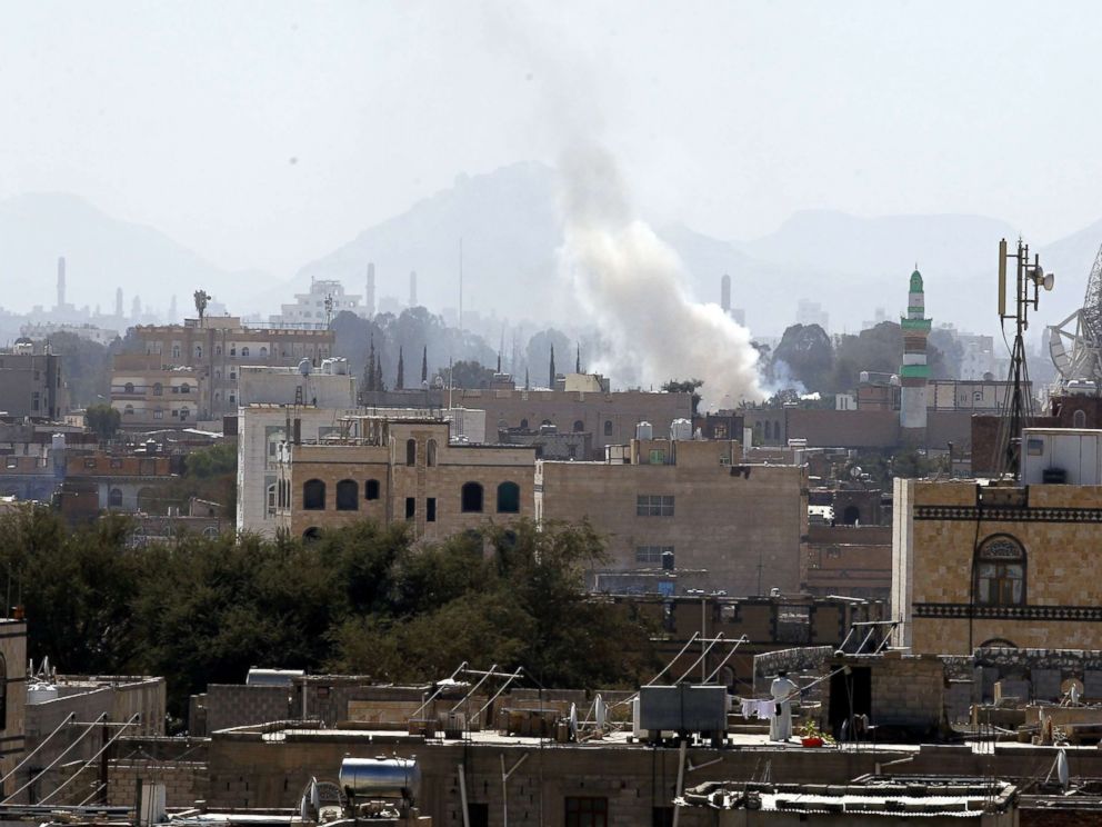 PHOTO: Smoke rises from explosions at a Houthi-held weapon depot a day after U.S. accused Iran of arming Houthi rebels with missiles, in Sanaa, Yemen, Dec. 15, 2017.
