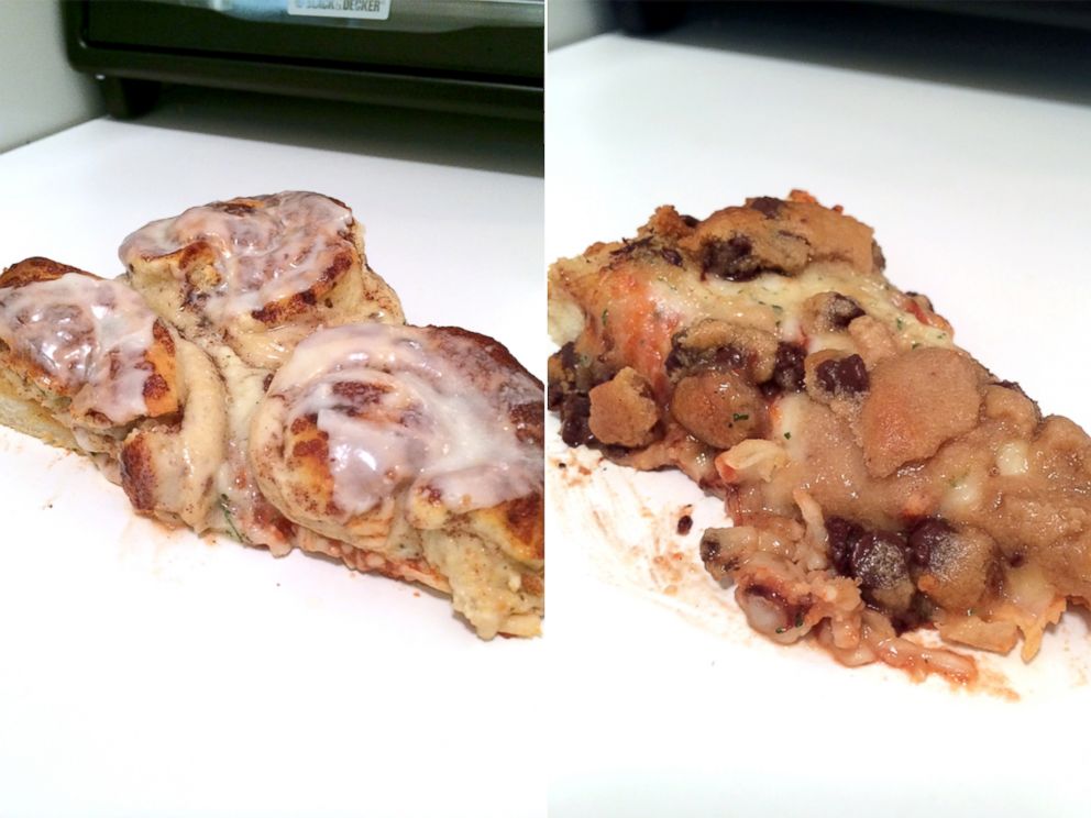 PHOTO: Chocolate chip cookies and cinnamon buns on a pizza.