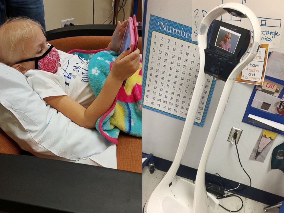 PHOTO: PJ Trojanowski of Robinson, Texas is interacting with her kindergarten classroom through a VGo robot after her cancer diagnosis and compromised immune system forced her to miss school.