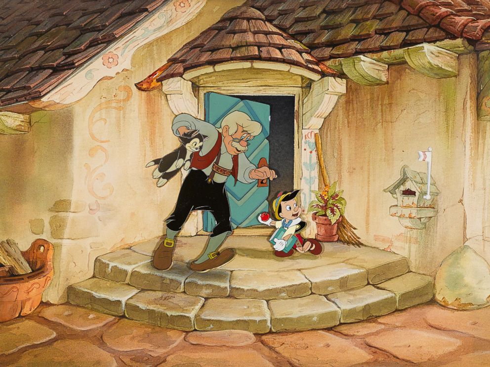 A celluloid of Geppetto, Figaro and Pinocchio from Pinocchio, 1940. Made with gouache on trimmed celluloid, applied to its matching watercolor background and annotated, along with someones initials, matted and framed. Estimate: $20,000-25,000.