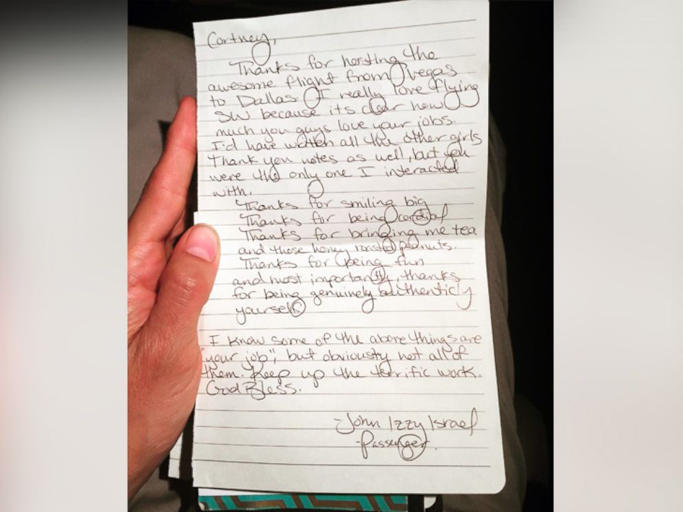 PHOTO: In addition to writing notes to old teachers and friends, Israel also pens some to pilots, flight attendants and waiters he encounters.