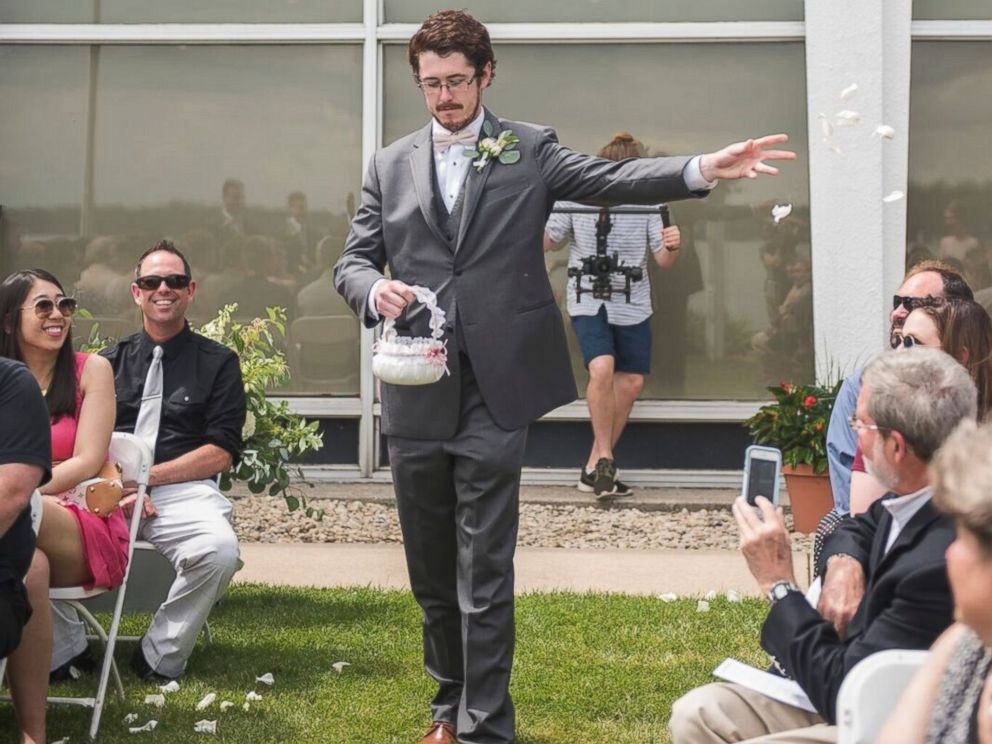 Grown man is flower girl at his cousin's wedding