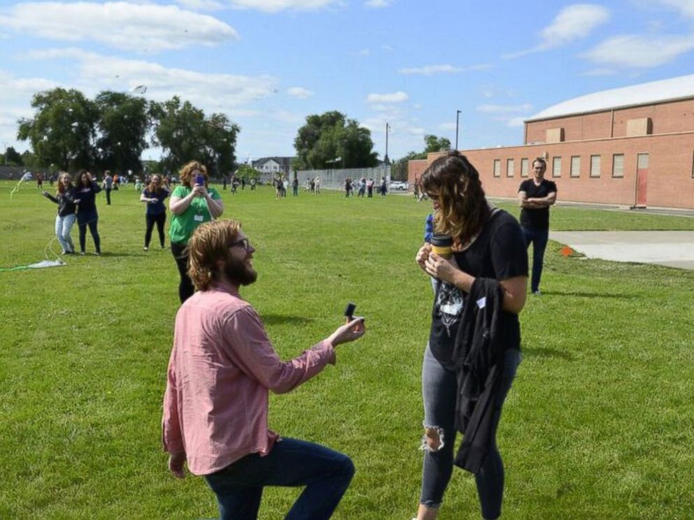 PHOTO: Keegan Shoreys students at Shaw Middle School in Spokane, Washington, spelled out his marriage proposal to Alexandra Maroney on top of kites.