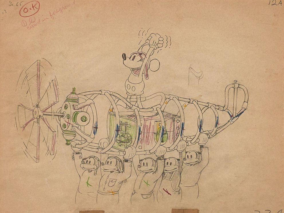 PHOTO: An animation drawing from The Mail Pilot from Walt Disney Studios, 1933 created with graphite and colored pencil on paper, matted and framed. Estimate: $1,000-1,500.