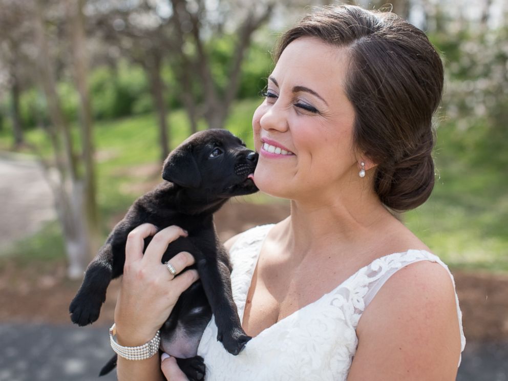 PHOTO: Bridesmaids trade bouquets for rescue puppies in Meghan Butlers North Carolina wedding photos.
