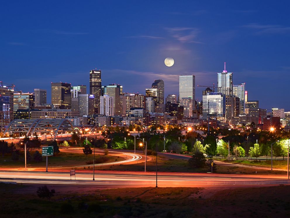 PHOTO: This image was taken when the full moon rose behind the Denver skyline, May 21, 2016.