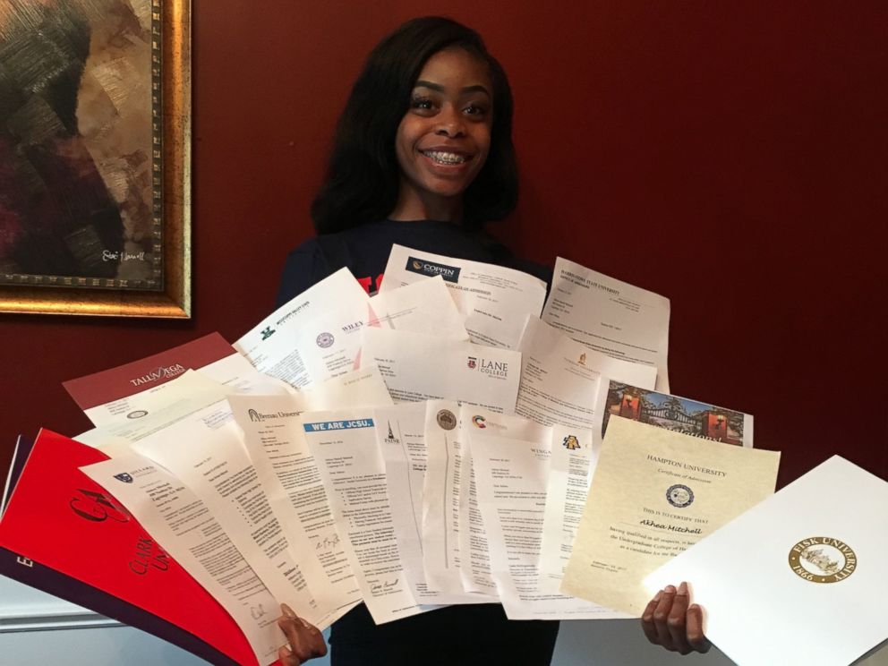 PHOTO: 17-year-old twin sisters Akhya C. and Akhea S. Mitchell got accepted into 42 schools between them, earning over $900,000 in scholarship offers.