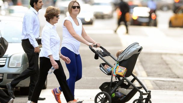 PHOTO: Jenna Bush Hager takes a walk along the Hudson River in New York City with mom Laura Bush and her baby daughter, Margaret Hager on May 20, 2014.