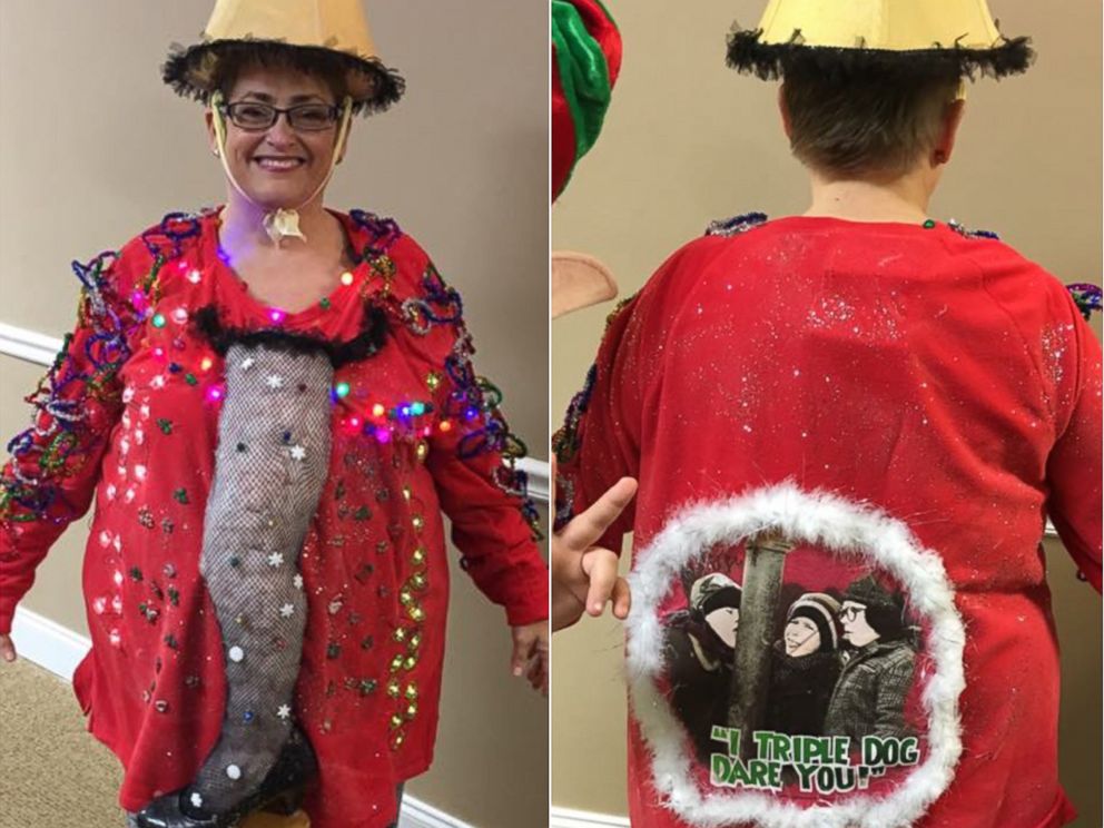 PHOTO: Penny Cothran of Charlotte, N.C., turned her sweater into A Christmas Story leg lamp.