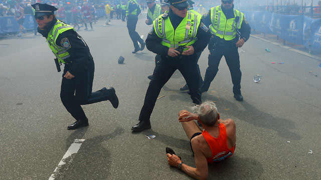 PHOTO: The scene near the finish line of the 117th Boston Marathon, April 15, 2013.