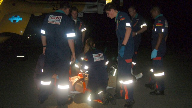 PHOTO: Paramedics treat Oscar Pistorius on Feb. 22, 2009 in Johannesburg, South Africa after he sustained facial injuries in a boating accident on the Vaal River.