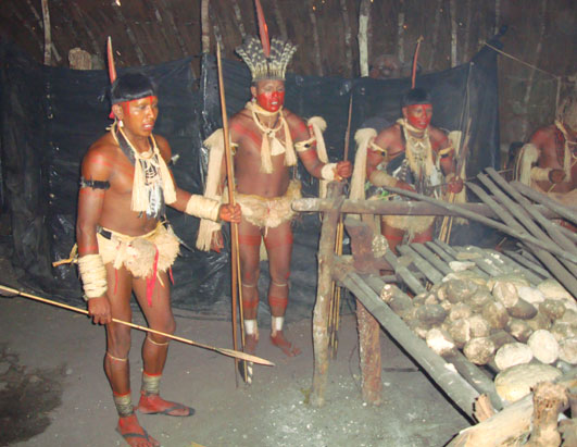 Male members of the Enawene Nawe, inside a hut, engaged in a ritual.
