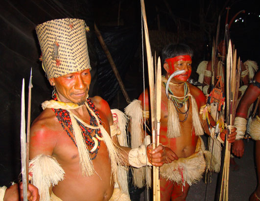 Male members of the Enawene Nawe, inside a hut, engaged in a ritual.