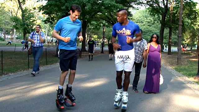 PHOTO: ABCs John Berman tests out Kangoo Jumps, special boots with a spring attached to them that lets you bounce during your workout routine.