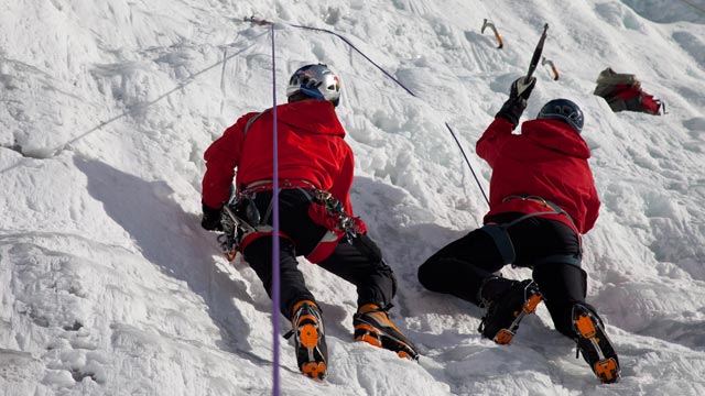 PHOTO Expert ice climber Will Gadd gives Nightline?s Bill Weir a lesson in ice climbing in Canada in April 2011.