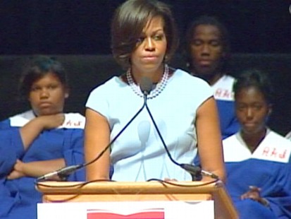 VIDEO: Michelle Obama gets teary as she speaks about her parents to graduating seniors.