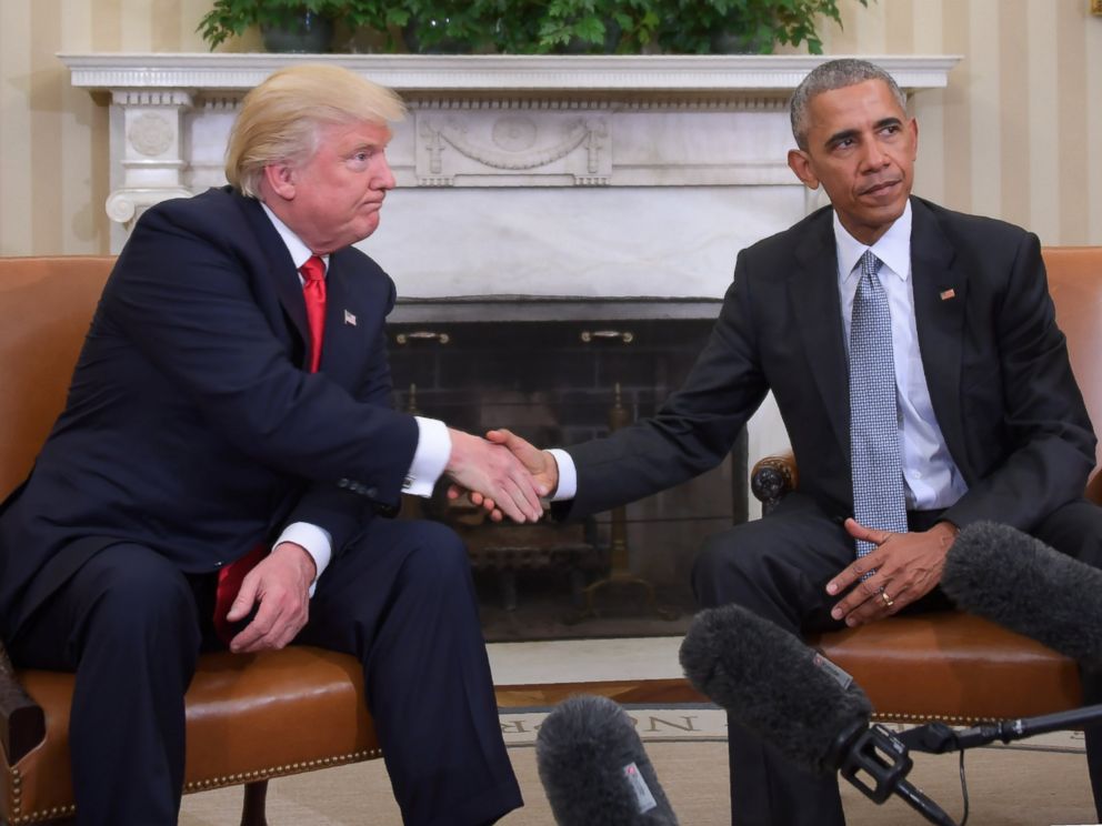 PHOTO: President Barack Obama and President-elect Donald Trump shake hands during a transition planning meeting in the Oval Office on Nov. 10, 2016.