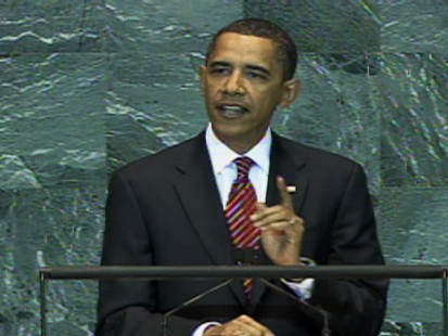 Video of President Obama addressing the United Nations general assembly on international responsibility.