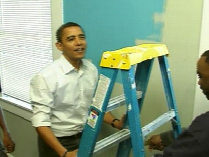 Video of Barack Obama pitching in on his national day of service.
