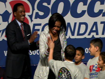 Video of First Lady Michelle Obama soccer clinic.