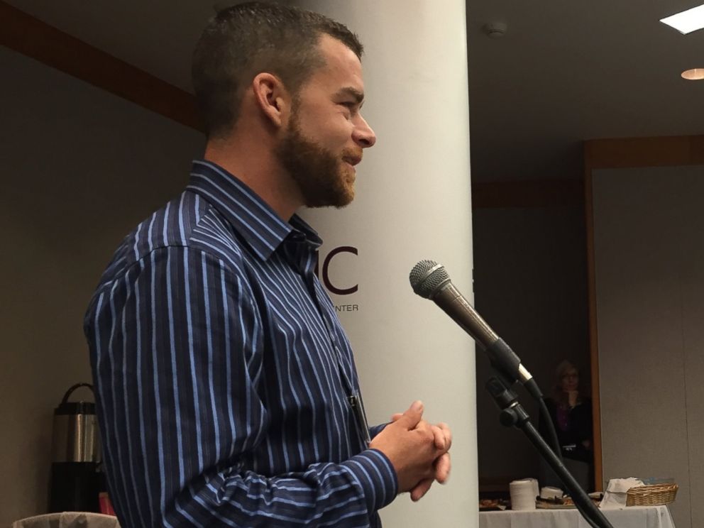 PHOTO:Speaking at a roundtable on substance abuse, Casey Currivan tells Jeb Bush he has been sober for 41 days.