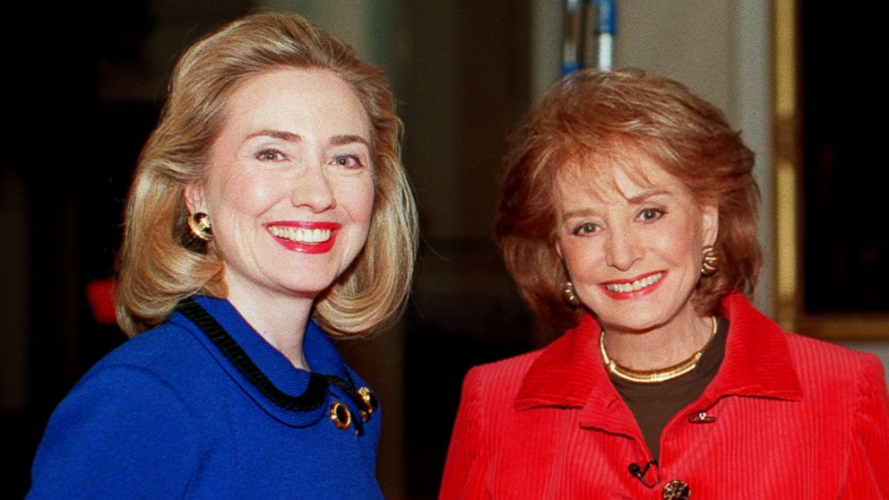 PHOTO: Barbara Walters, right, is pictured with Hillary Clinton, left, while filming a 1996 broadcast.