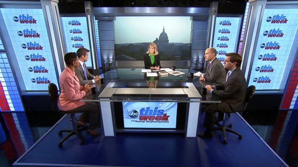 PHOTO: Representative Donna Edwards (D) Maryland, Representative Adam Kinzinger (R) Illinois, New York Times White House Correspondent Peter Baker, ABC News Political Analyst and Special Correspondent Matthew Dowd on This Week
