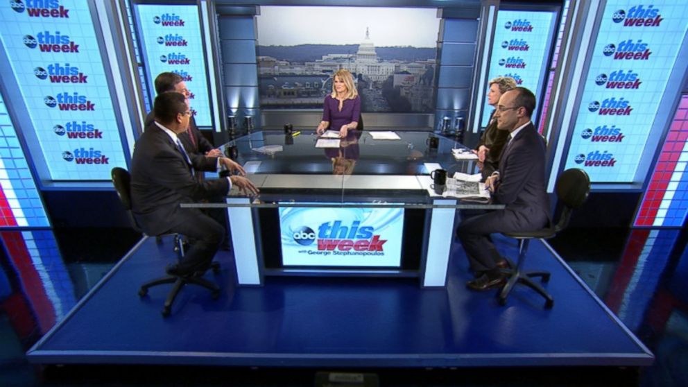 PHOTO: Rep Tom Cole (R) Oklahoma, Rep Keith Ellison (D) Minnesota, ABC News Cokie Roberts, and Foreign Policy Initiative Co-founder Dan Senor on This Week