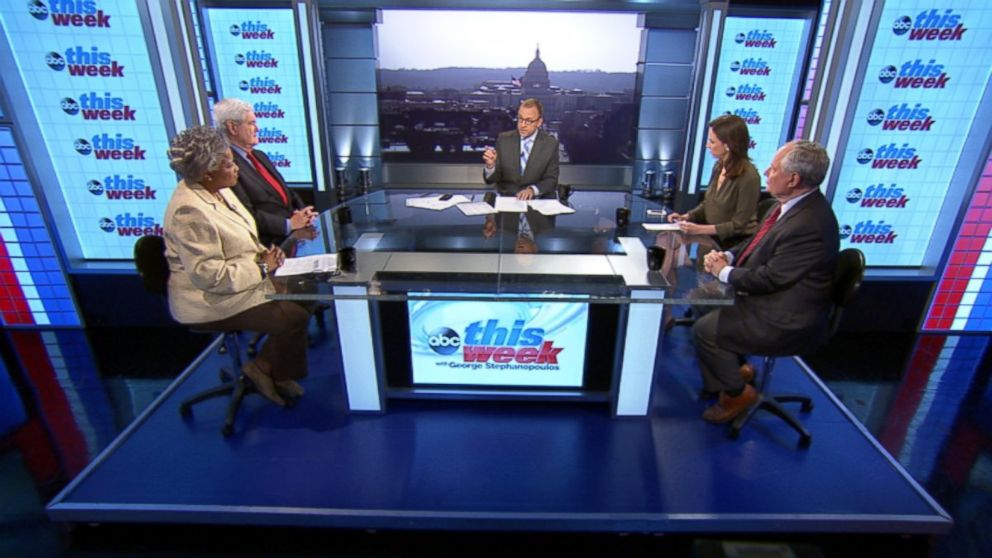 PHOTO: ABC News Contributor and Democratic Strategist Donna Brazile, Former House Speaker Newt Gingrich, ABC News Contributor and The Weekly Standard Editor Bill Kristol, and Fusions "AM Tonight" Alicia Menendez on This Week