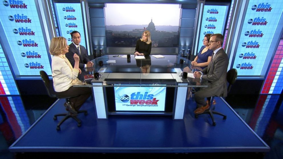 PHOTO: Rep Joaquin Castro (D) Texas, Republican Strategist Ana Navarro, The Wall Street Journal Columnist, and ABC News Senior Washington Correspondent Jeff Zeleny on This Week